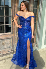 Load image into Gallery viewer, Sparkly Mermaid Off the Shoulder Silver Corset Prom Dress with Split Front
