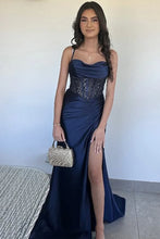 Load image into Gallery viewer, Trendy Mermaid Spaghetti Straps Green Corset Prom Dress with Split Front

