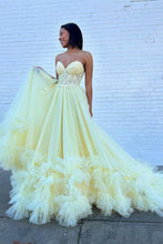 Load image into Gallery viewer, Stylish A Line Sweetheart Yellow Corset Prom Dress with Appliques Ruffles
