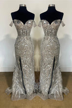 Load image into Gallery viewer, Sparkly Mermaid Off the Shoulder Silver Corset Prom Dress with Split Front
