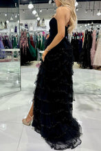 Load image into Gallery viewer, Princess A Line Strapless Black Long Prom Dress with Ruffles