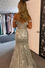 Load image into Gallery viewer, Sparkly Mermaid Off the Shoulder Silver Corset Prom Dress with Split Front
