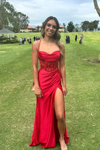 Load image into Gallery viewer, Trendy Mermaid Spaghetti Straps Green Corset Prom Dress with Split Front
