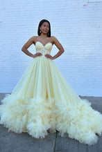 Load image into Gallery viewer, Stylish A Line Sweetheart Yellow Corset Prom Dress with Appliques Ruffles
