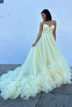 Load image into Gallery viewer, Stylish A Line Sweetheart Yellow Corset Prom Dress with Appliques Ruffles

