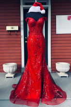 Load image into Gallery viewer, Sparkly Mermaid Off the Shoulder Silver Corset Prom Dress with Split Front
