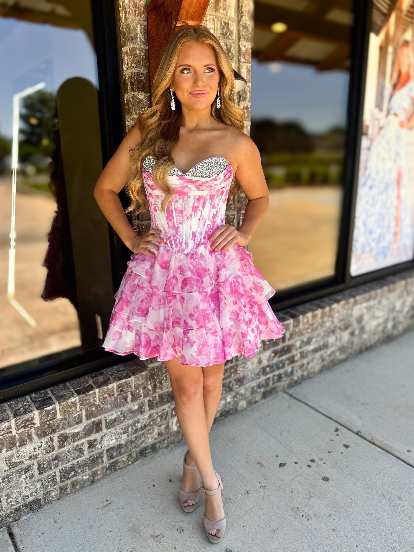 Cute A Line Sweetheart Pink Floral Printed Short Homecoming Dress with Ruffles