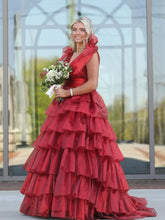 Load image into Gallery viewer, Cute Pink Princess A Line Deep V-Neck Long Tiered Prom Dress With Split
