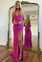 Load image into Gallery viewer, Glitter Fuchsia Spaghetti Straps Open Back Long Sequin Prom Dress With Split