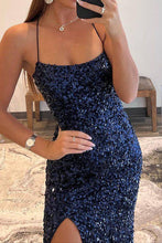 Load image into Gallery viewer, Sparkly Mermaid Spaghetti Straps Navy Sequins Long Prom Dress with Split Front