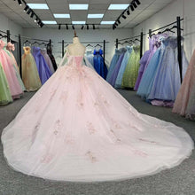 Load image into Gallery viewer, Elegant A Line Spaghetti Straps Pink Ball Gown Quinceanera Dress with Appliques Beading
