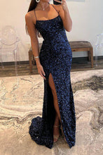 Load image into Gallery viewer, Sparkly Mermaid Spaghetti Straps Navy Sequins Long Prom Dress with Split Front