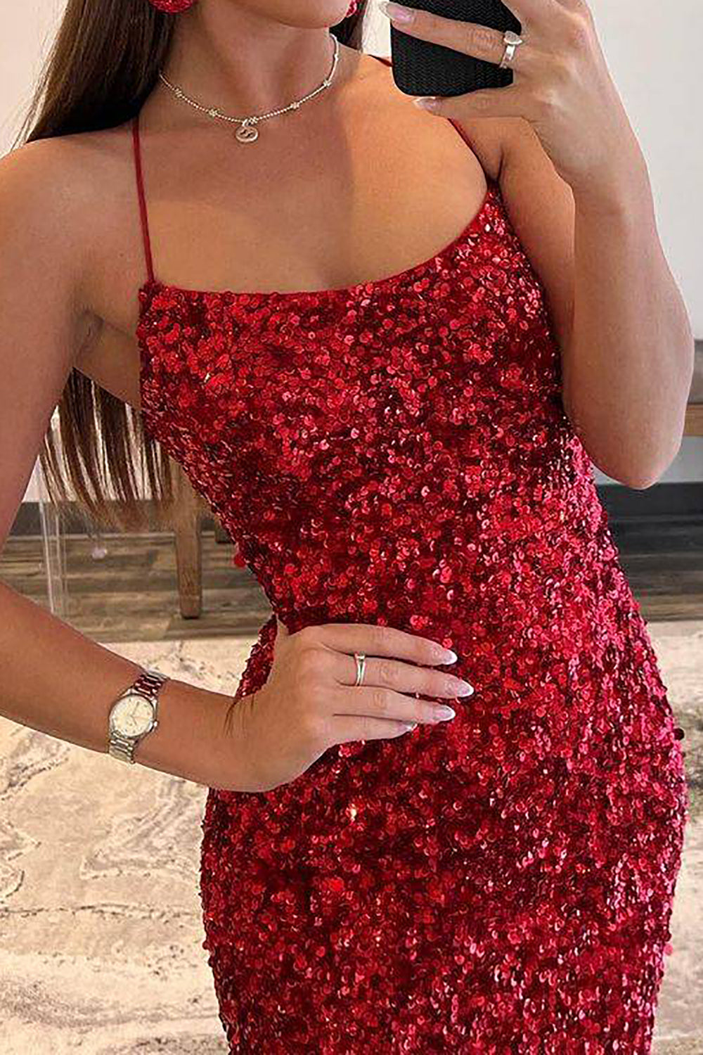 Luuvis Women Navy Sequins Long Prom Dress Sparkly Mermaid Spaghetti Straps  Formal Dress with Split Front