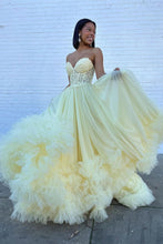 Load image into Gallery viewer, Stylish A Line Sweetheart Yellow Corset Prom Dress with Appliques Ruffles
