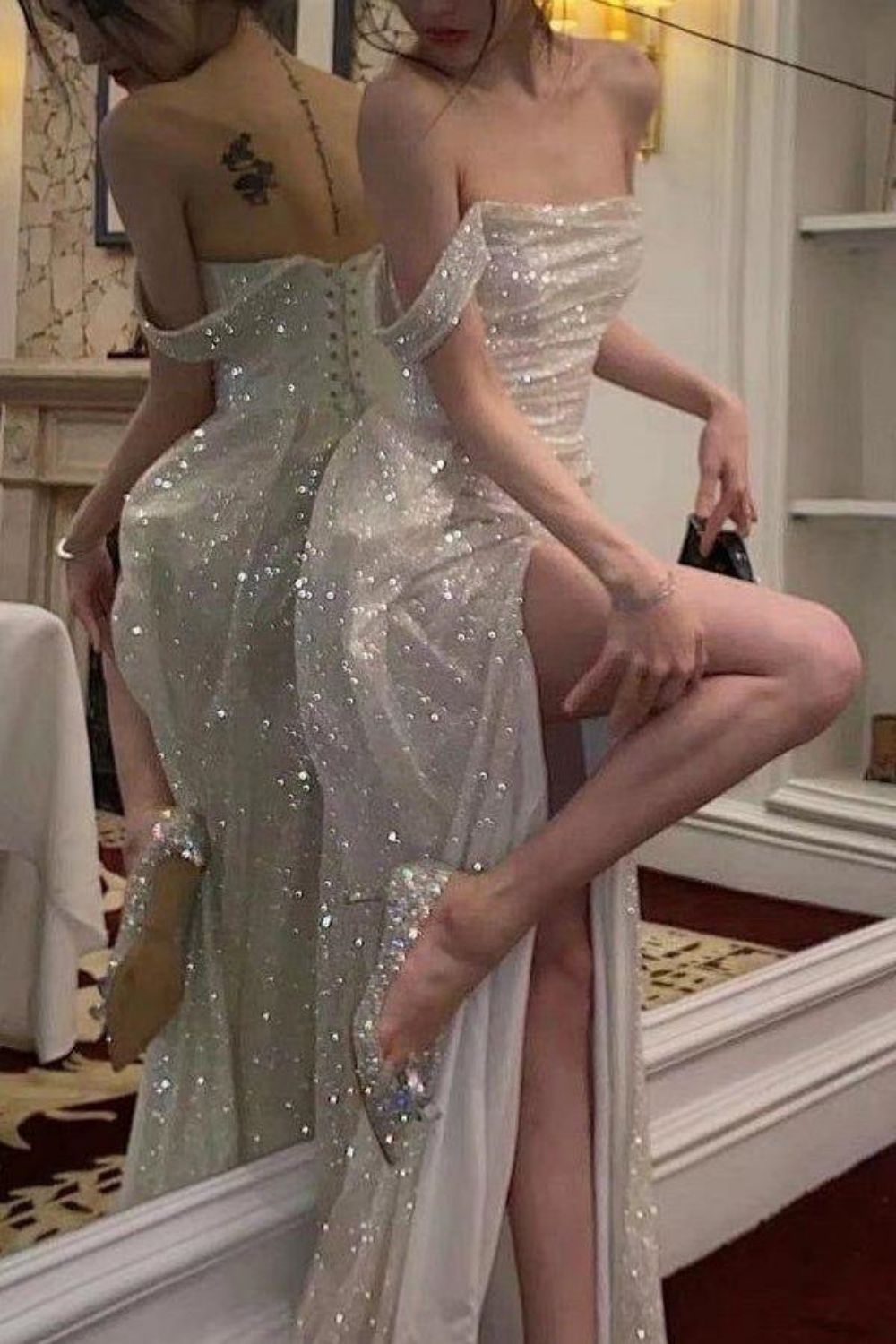 Luuvis Elegant Mermaid Off the Shoulder Silver Sequins Long Prom Dress with Split Front Luuvis Elegant Mermaid Off the Shoulder Silver Sequins Long Prom Dress with Split Front