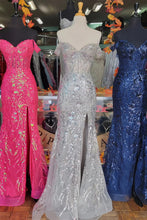 Load image into Gallery viewer, Sparkly Mermaid Off the Shoulder Silver Corset Prom Dress with Split Front
