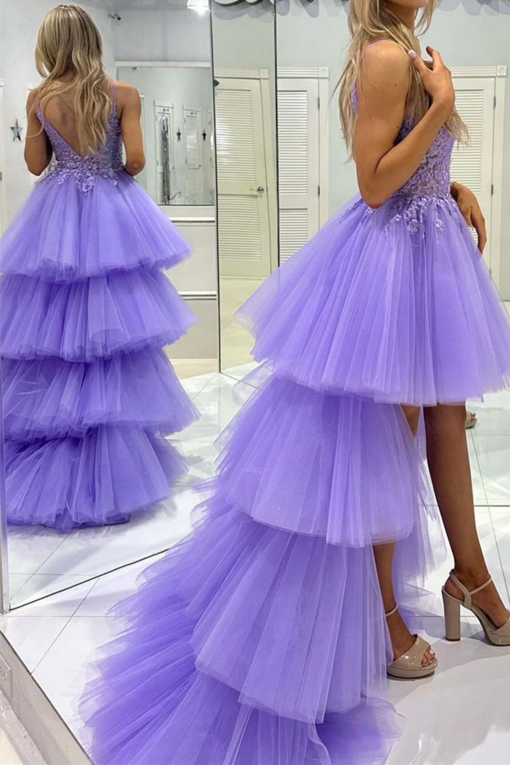 Luuvis Purple Prom Dress Stylish High Low Spaghetti Straps Formal Dress with Appliques Luuvis Purple Prom Dress Stylish High Low Spaghetti Straps Formal Dress with Appliques