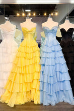 Load image into Gallery viewer, Lovely Yellow A-Line Sweetheart Long Tiered Prom Dress with Slit
