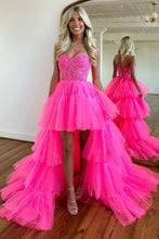 Load image into Gallery viewer, Cute Hot Pink High-Low Sweetheart Long Tulle Prom Party Dress