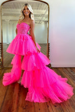 Load image into Gallery viewer, Cute Hot Pink High-Low Sweetheart Long Tulle Prom Party Dress