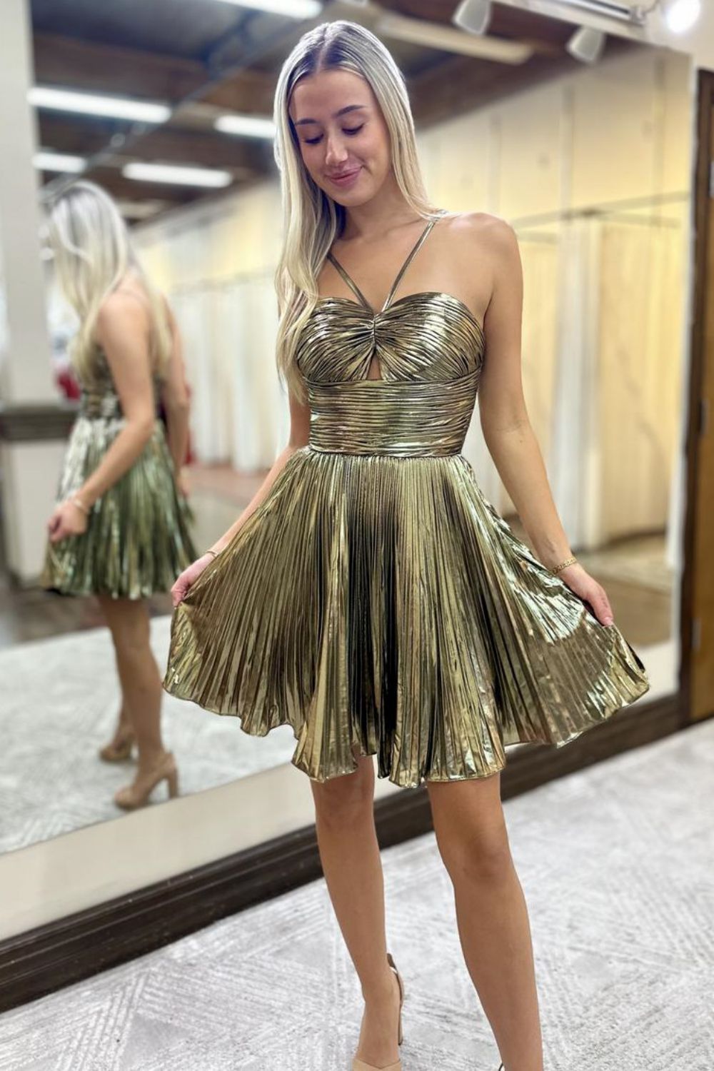 Beige - V Neck A-Line Metallic Pleated Short Homecoming Dresses main image 1