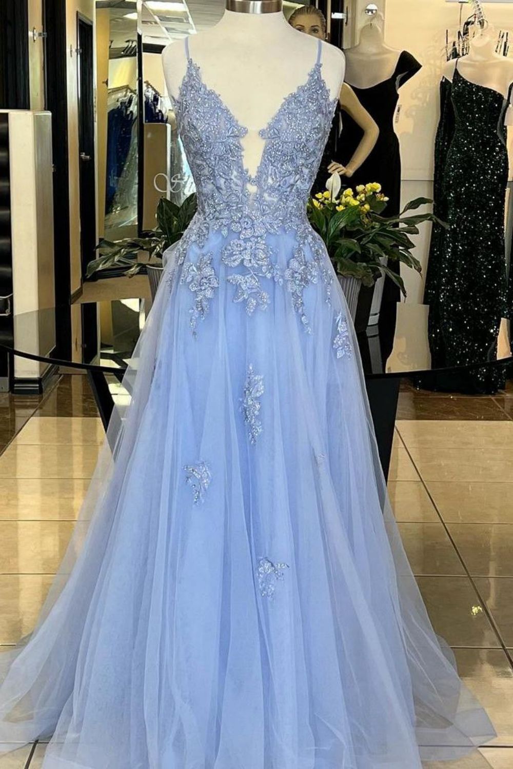 Luuvis A-Line Light Blue Spaghetti Straps Lace Up Long Tulle Prom Dress