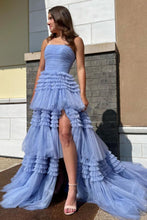 Load image into Gallery viewer, A Line Strapless Fuchsia Long Prom Dress with Ruffles
