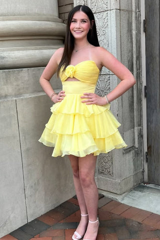 Well-made A Line Sweetheart Yellow Short Homecoming Dress with Ruffles Keyhole