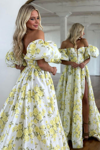 Yellow A-Line Off The Shoulder Puff Sleeves Long Prom Dress With Slit
