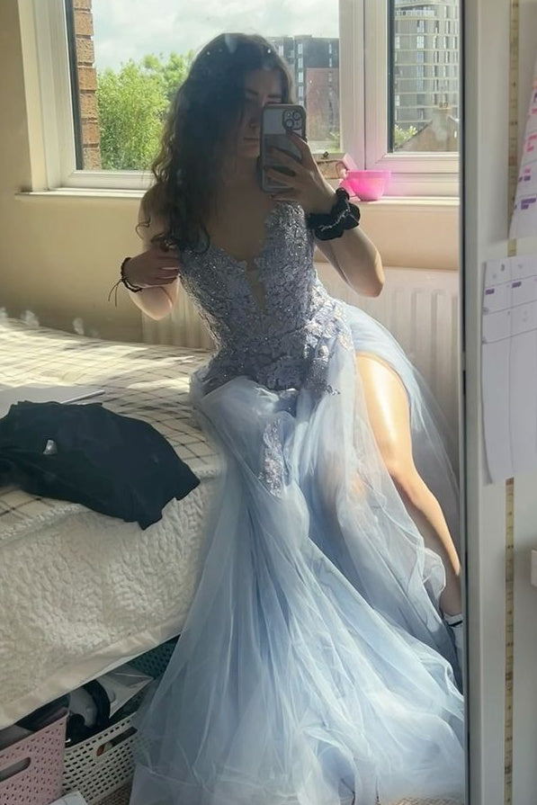 Beautiful A Line Spaghetti Straps Light Blue Long Prom Dress with Appliques