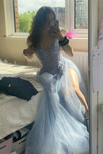 Load image into Gallery viewer, Beautiful A Line Spaghetti Straps Light Blue Long Prom Dress with Appliques