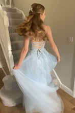 Load image into Gallery viewer, Beautiful A Line Spaghetti Straps Light Blue Long Prom Dress with Appliques