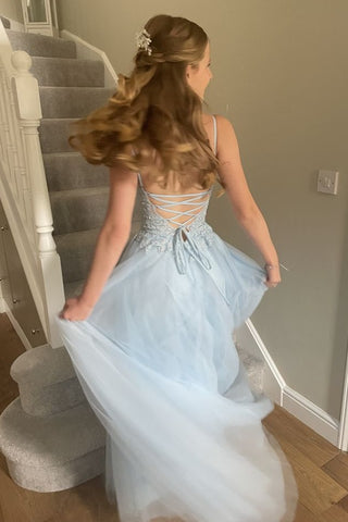 Beautiful A Line Spaghetti Straps Light Blue Long Prom Dress with Appliques