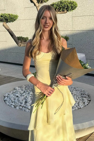 Beautiful A Line Spaghetti Straps Yellow Long Prom Dress with Ruffles