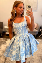 Load image into Gallery viewer, Beautiful A Line Square Neck Pink Floral Printed Corset Homecoming Dress with Pearls