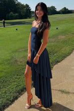 Load image into Gallery viewer, Beautiful A Line Strapless Blue Long Prom Dress with Ruffles