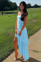 Load image into Gallery viewer, Beautiful A Line Strapless Blue Long Prom Dress with Ruffles