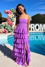 Load image into Gallery viewer, Beautiful A Line Strapless Purple Long Prom Dress with Ruffles
