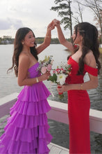 Load image into Gallery viewer, Beautiful A Line Strapless Purple Long Prom Dress with Ruffles
