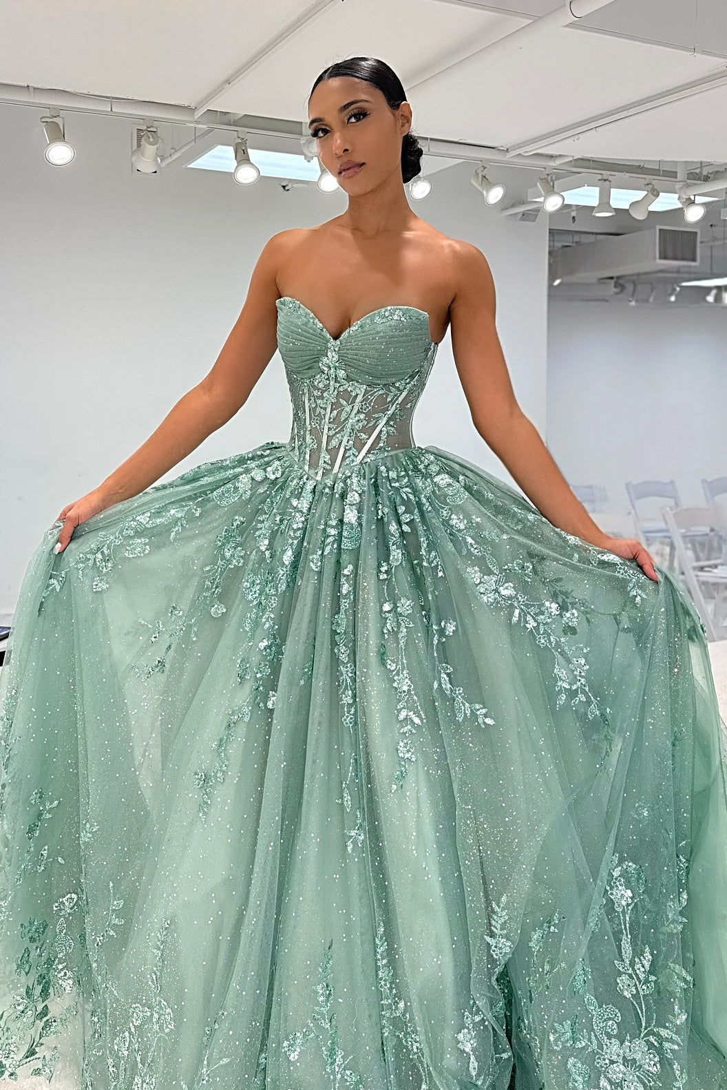 Luuvis Women Green Corset Prom Dress Beautiful A Line Sweetheart Formal