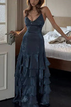 Load image into Gallery viewer, Gorgeous A Line Spaghetti Straps Navy Blue Long Prom Dress with Ruffles