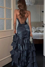 Load image into Gallery viewer, Gorgeous A Line Spaghetti Straps Navy Blue Long Prom Dress with Ruffles