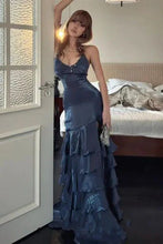 Load image into Gallery viewer, Gorgeous A Line Spaghetti Straps Navy Blue Long Prom Dress with Ruffles