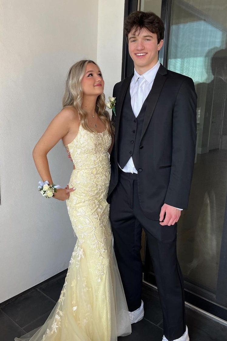 Beautiful Mermaid Spaghetti Straps Light Yellow Long Prom Dress with Appliques