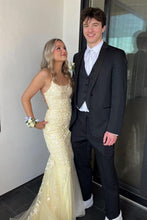Load image into Gallery viewer, Beautiful Mermaid Spaghetti Straps Light Yellow Long Prom Dress with Appliques
