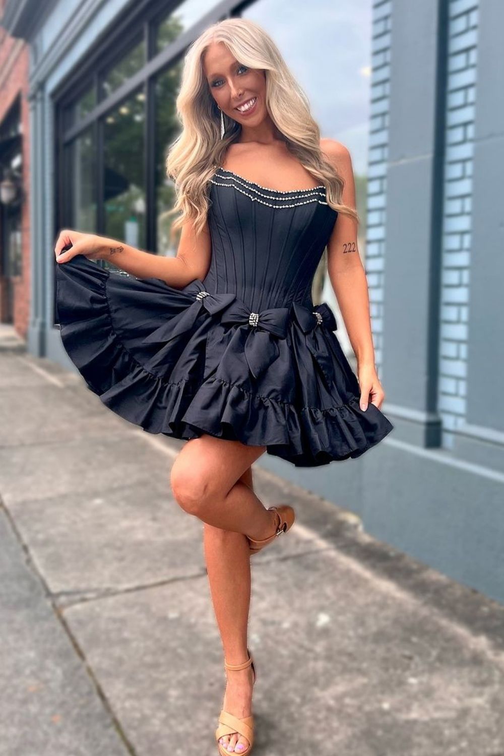 Cute A Line Straps Black Satin Short Homecoming Dresses with Bow VK24112205