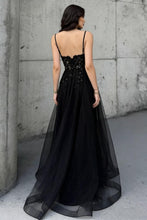 Load image into Gallery viewer, Charming A Line Spaghetti Straps Black Beaded Prom Dress with Sheer Bodice
