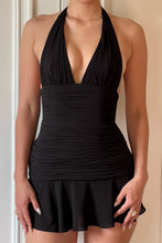 Load image into Gallery viewer, Black Halter Mini Dress Ruched Waist Flared Hem Homecoming Dress
