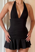 Load image into Gallery viewer, Black Halter Mini Dress Ruched Waist Flared Hem Homecoming Dress