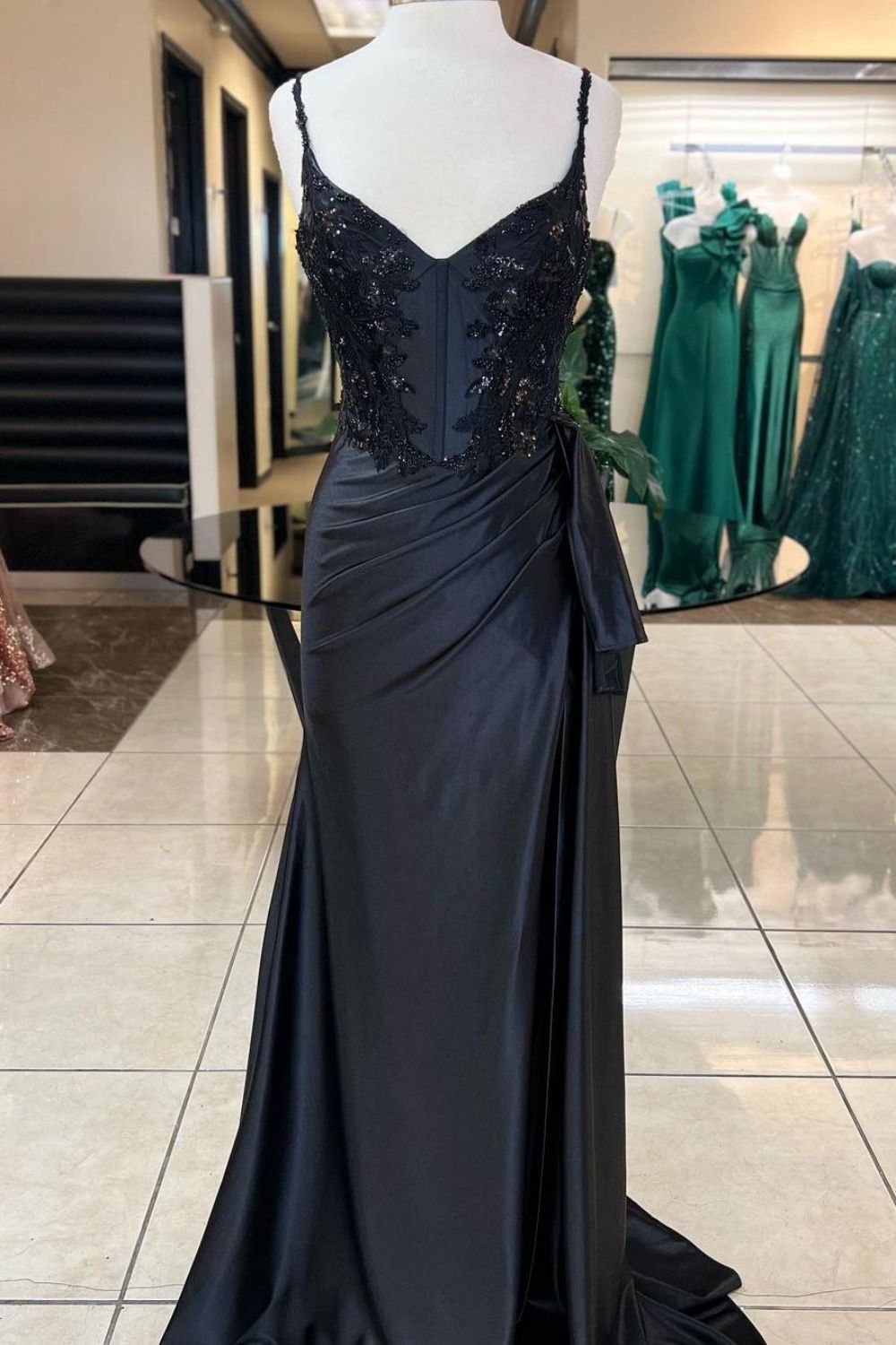 Luuvis Black Mermaid Spaghetti Straps Long Satin Prom Dress with Sequin